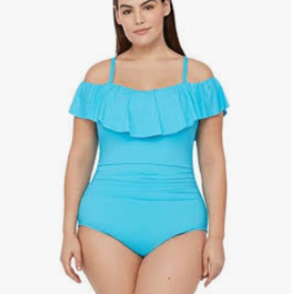 NWT LA BLANCA Plus Size Island Goddess Aqua Marine Ruffle Shoulder Swimsuit 20W - Picture 1 of 9